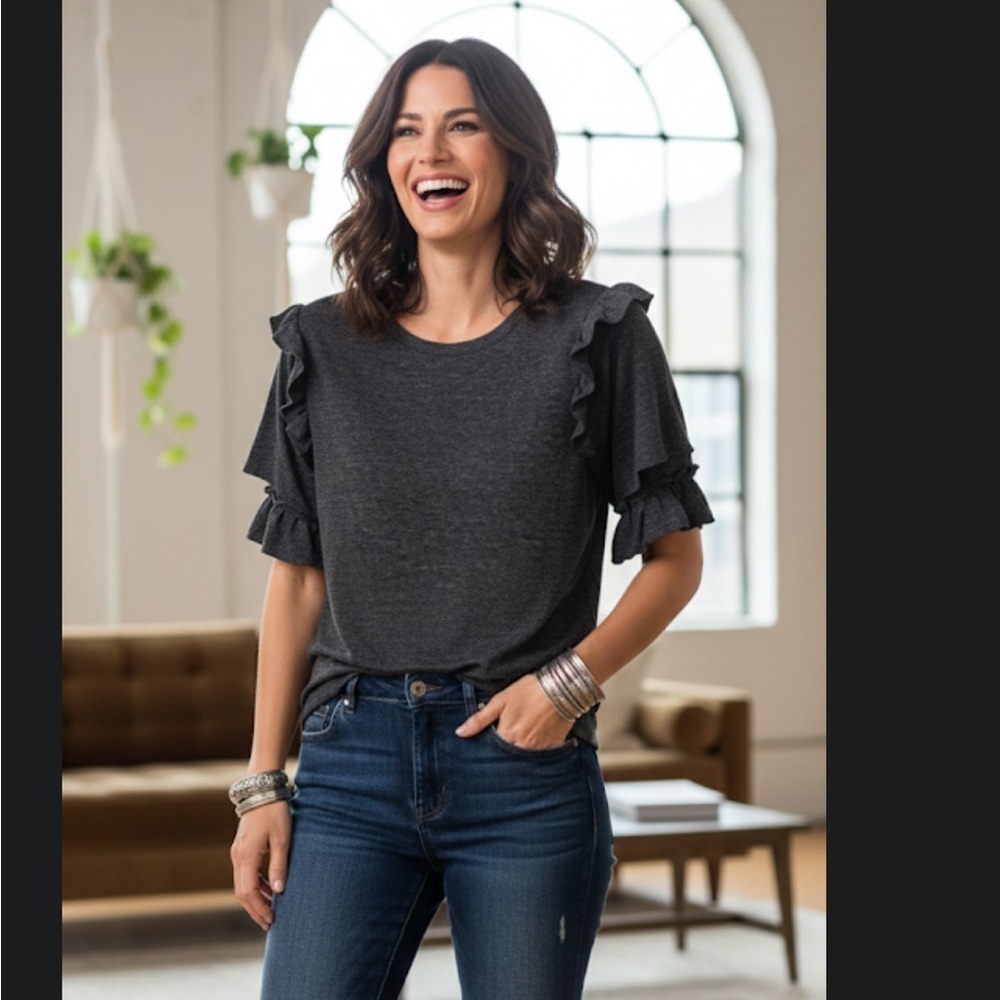 William Rast Dark Gray Ruffle Sleeve Top